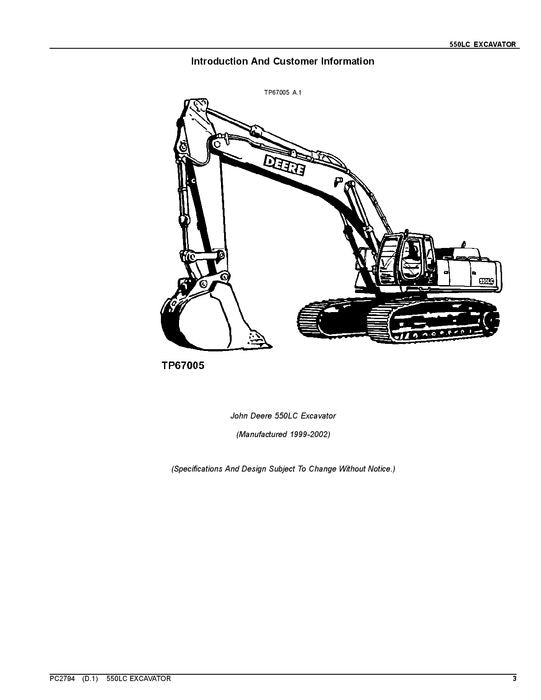 MANUEL DU CATALOGUE DES PIÈCES DÉTACHÉES DE L'EXCAVATRICE JOHN DEERE 550LC