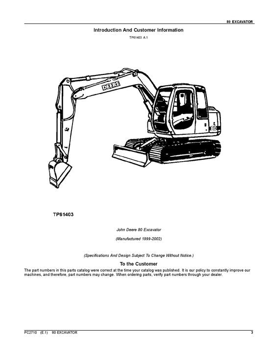 JOHN DEERE 80 EXCAVATOR PARTS CATALOG MANUAL