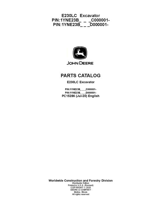 JOHN DEERE  E230LC EXCAVATOR  PARTS CATALOG MANUAL