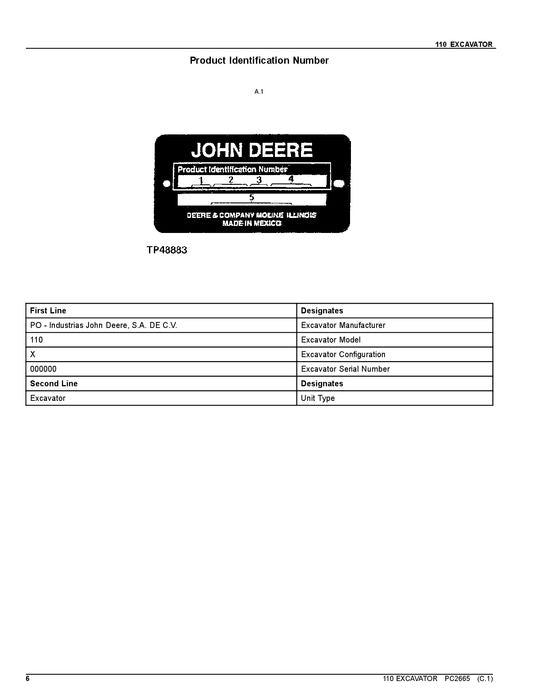 JOHN DEERE 110 BAGGER ERSATZTEILKATALOGHANDBUCH