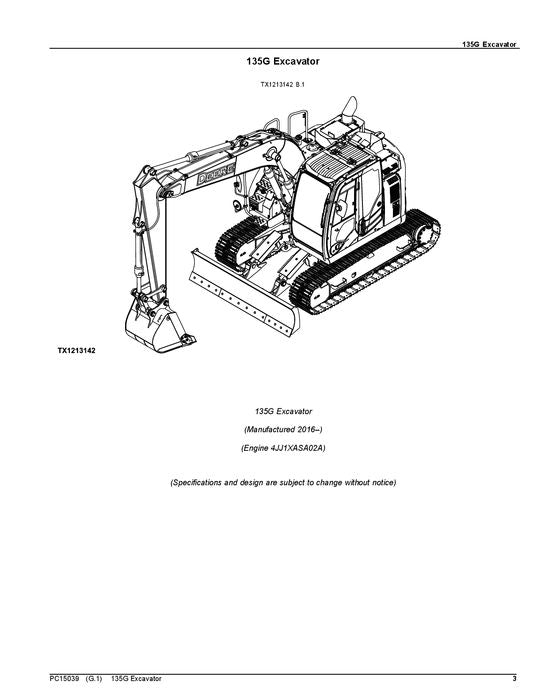 JOHN DEERE 135G EXCAVATOR PARTS CATALOG MANUAL 1FF135GX _F500001-