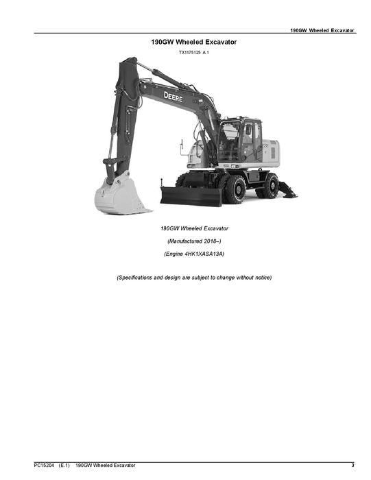 JOHN DEERE 190GW EXCAVATOR PARTS CATALOG MANUAL serial F052001-