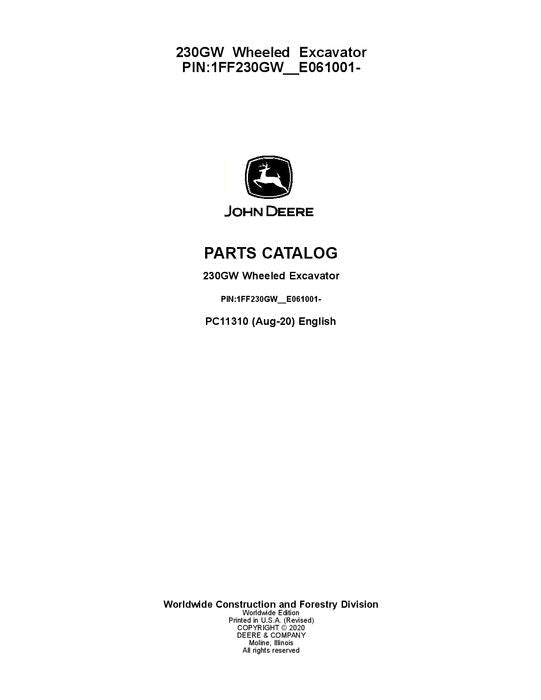 JOHN DEERE 230GW EXCAVATOR  PARTS CATALOG MANUAL