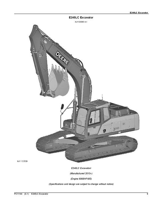 John Deere E240LC Bagger-Ersatzteilkatalog, Handbuch PC11144