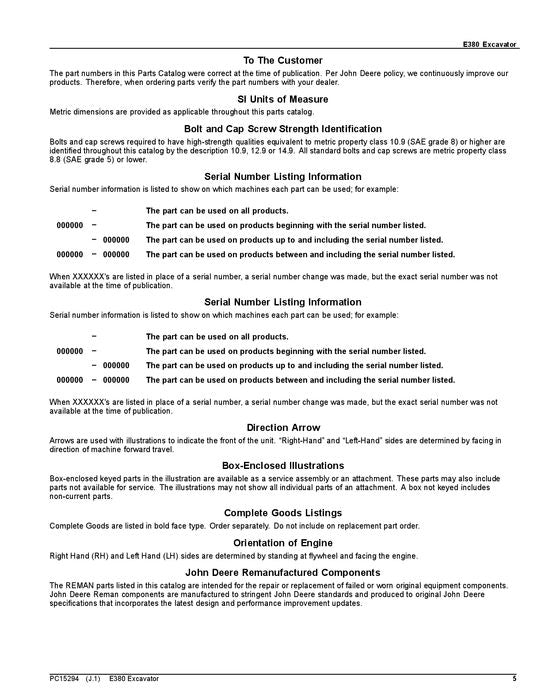 JOHN DEERE E380LC EXCAVATOR PARTS CATALOG MANUAL