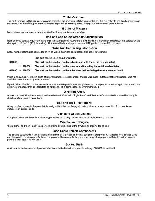 JOHN DEERE 135C RTS EXCAVATOR PARTS CATALOG MANUAL