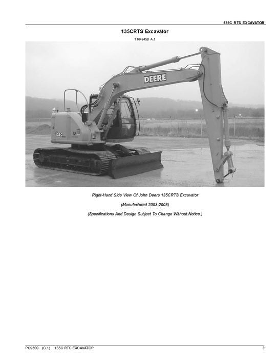 JOHN DEERE 135C RTS EXCAVATOR PARTS CATALOG MANUAL