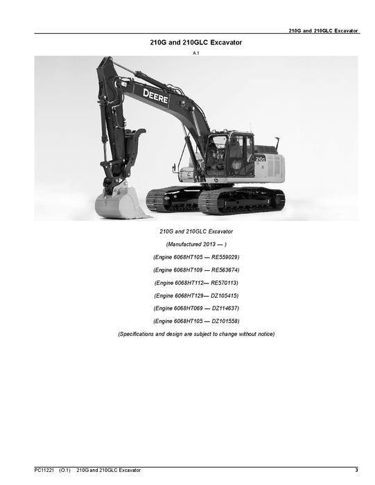 JOHN DEERE 210GLC EXCAVATOR PARTS CATALOG MANUAL