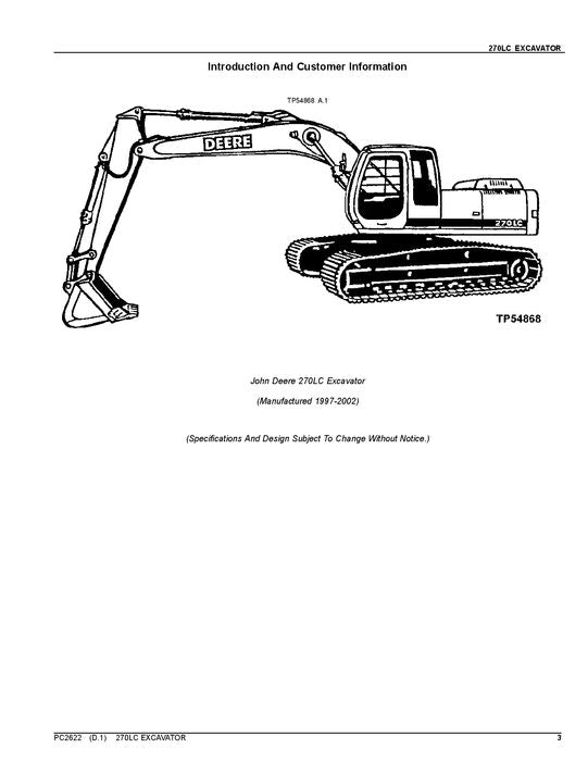 JOHN DEERE 270LC EXCAVATOR PARTS CATALOG MANUAL