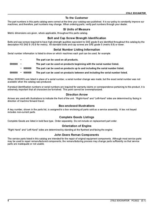 JOHN DEERE 270LC EXCAVATOR PARTS CATALOG MANUAL