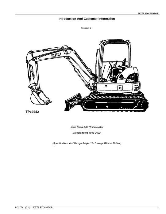 MANUEL DU CATALOGUE DES PIÈCES D'EXCAVATRICE JOHN DEERE 50 ZTS 50ZTS PC2774