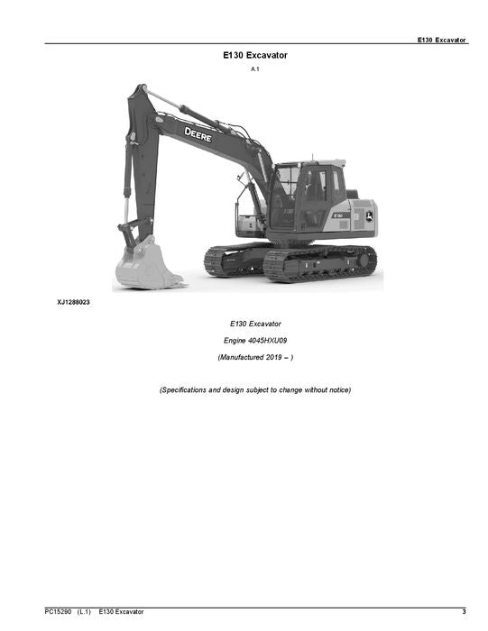 JOHN DEERE E130 EXCAVATOR PARTS CATALOG MANUAL 1YNE13B_ C000001-