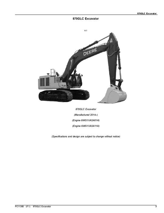 JOHN DEERE 870GLC EXCAVATOR PARTS CATALOG MANUAL 1FF870GX -- F890001-