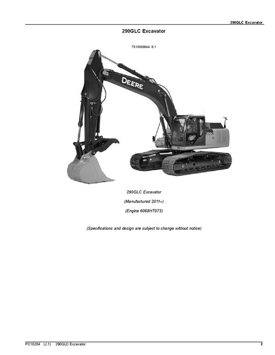 JOHN DEERE 290GLC EXCAVATOR PARTS CATALOG MANUAL