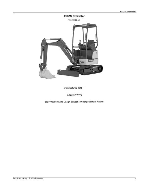 JOHN DEERE E18ZS BAGGER-TEILEKATALOGHANDBUCH