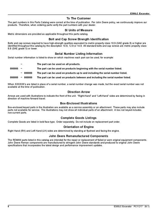 JOHN DEERE E300 E300LC EXCAVATOR PARTS CATALOG MANUAL