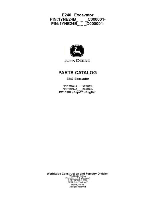 JOHN DEERE E240 - II  EXCAVATOR  PARTS CATALOG MANUAL