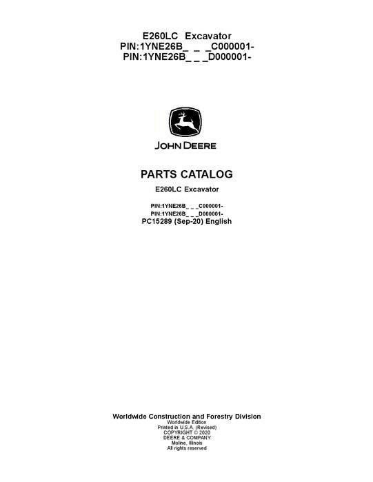 JOHN DEERE E260 E260LC  EXCAVATOR  PARTS CATALOG MANUAL