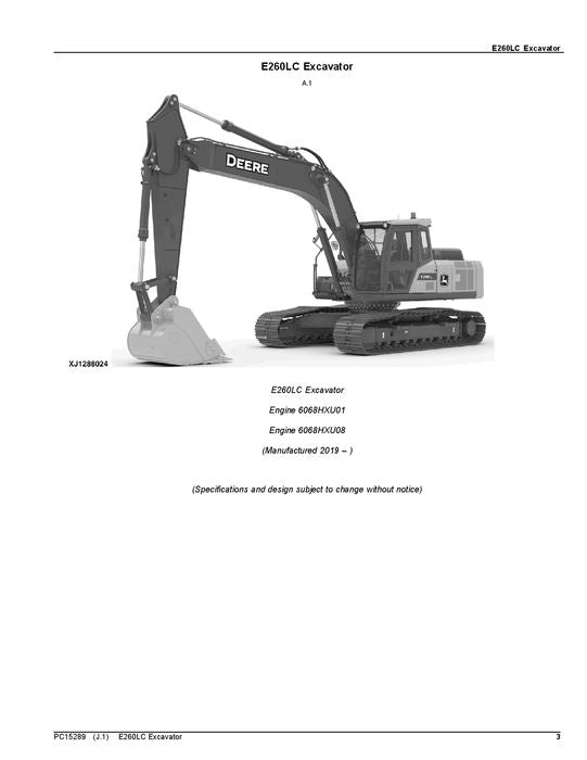 JOHN DEERE E260 E260LC EXCAVATOR PARTS CATALOG MANUAL