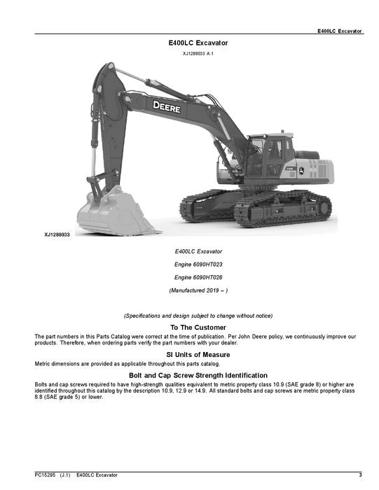 JOHN DEERE E400 E400LC BAGGER ERSATZTEILEKATALOGHANDBUCH 1YNE40B_ C000001