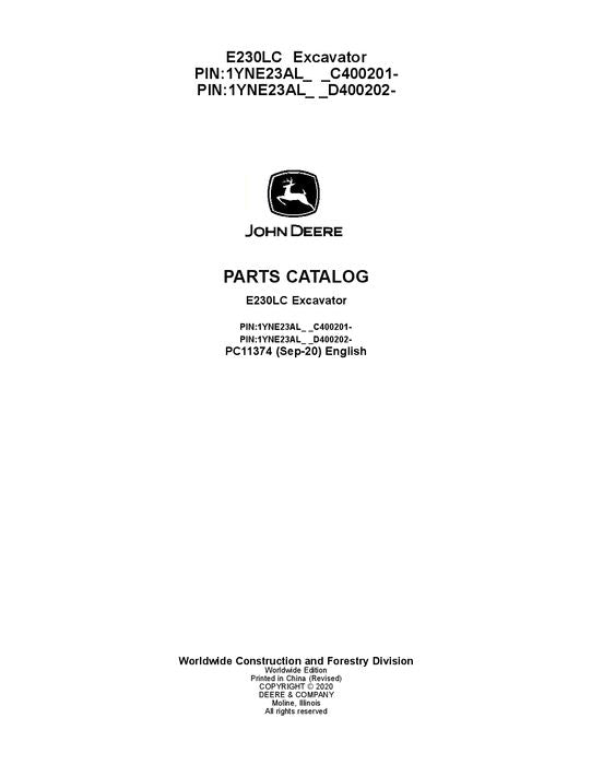 JOHN DEERE E230 E230LC EXCAVATOR  PARTS CATALOG MANUAL