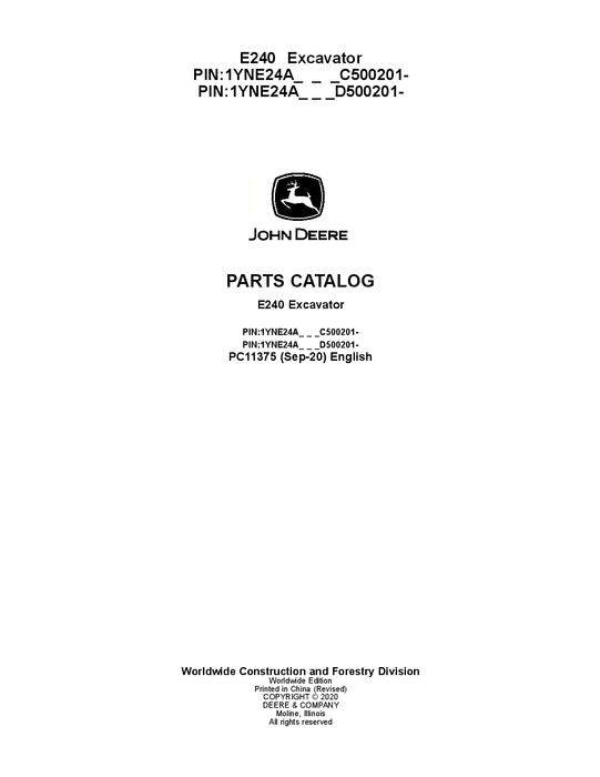 JOHN DEERE E240 EXCAVATOR  PARTS CATALOG MANUAL