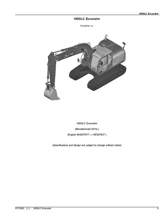 JOHN DEERE 180GLC EXCAVATOR PARTS CATALOG MANUAL sn F020331-