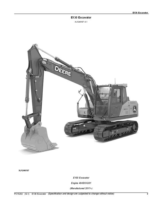 JOHN DEERE E130 EXCAVATOR PARTS CATALOG MANUAL 1YNE13AS_ D300003