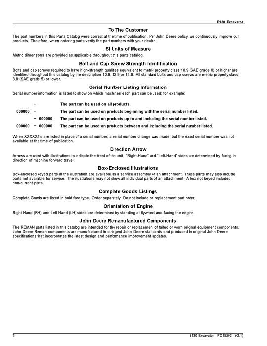 JOHN DEERE E130 EXCAVATOR PARTS CATALOG MANUAL 1YNE13AS_ D300003