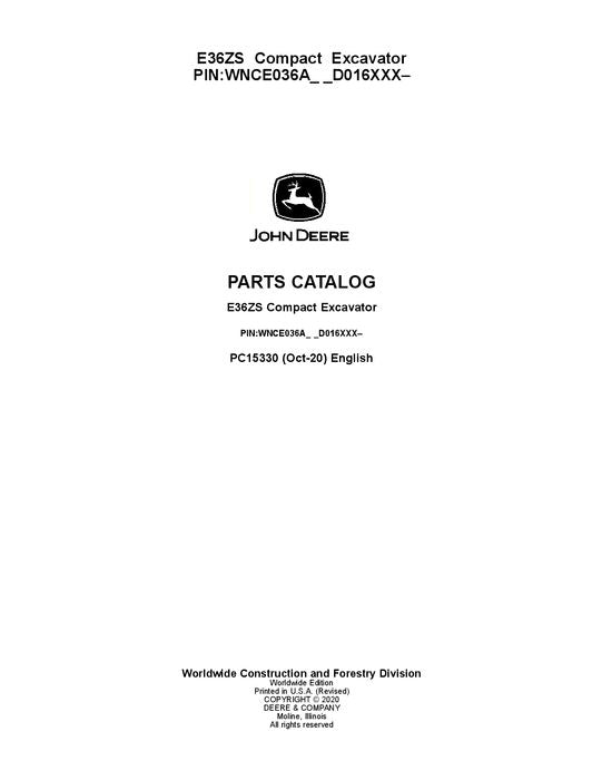 JOHN DEERE E36ZS EXCAVATOR  PARTS CATALOG MANUAL