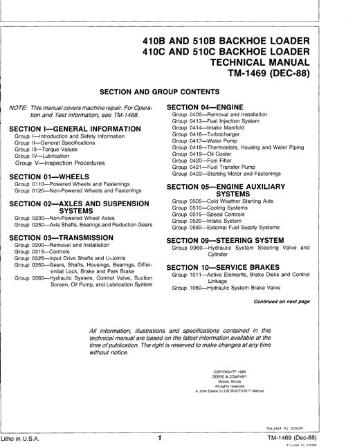 JOHN DEERE 410B 510B 410C 510C BACKHOE REPAIR SERVICE TECHNICAL MANUAL TM1469