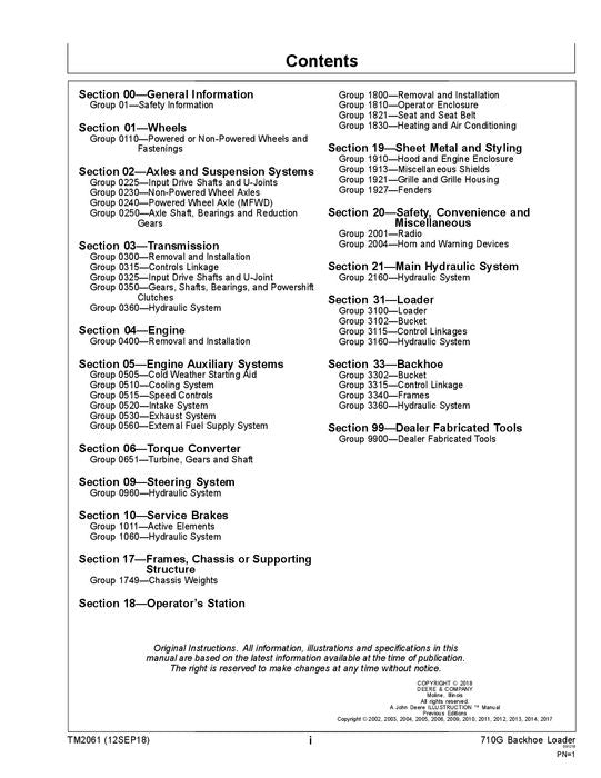 JOHN DEERE 710G BACKHOE REPAIR SERVICE TECHNICAL MANUAL TM2061