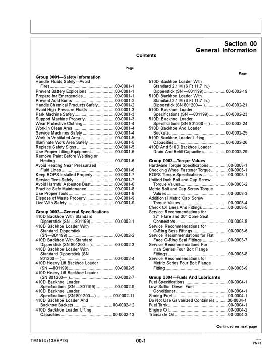 JOHN DEERE 410D 510D BACKHOE REPAIR SERVICE TECHNICAL MANUAL TM1513