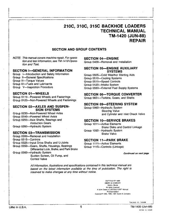 JOHN DEERE 210C 310C 315C 315CH BACKHOE REPAIR SERVICE MANUAL