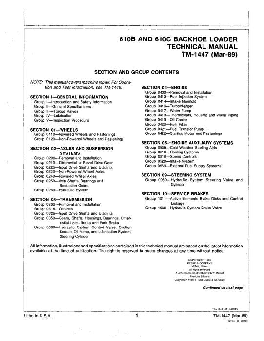 JOHN DEERE 610B 610C BACKHOE REPAIR SERVICE MANUAL