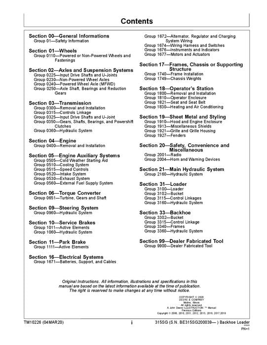 JOHN DEERE 315SG BACKHOE REPAIR SERVICE TECHNICAL MANUAL TM10226