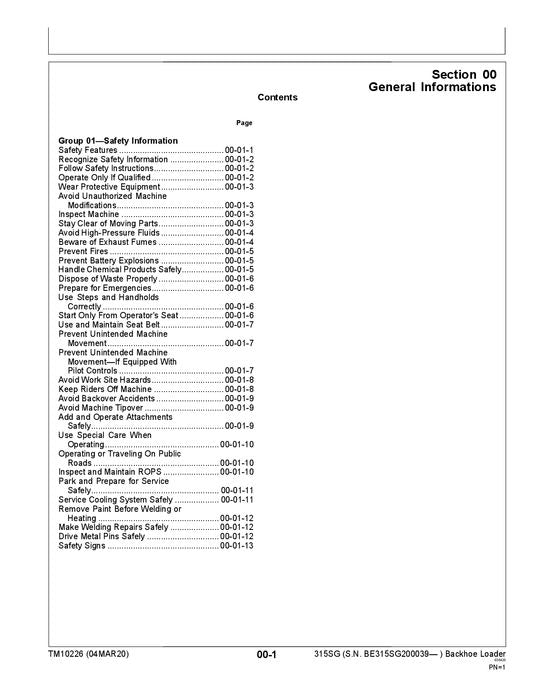 JOHN DEERE 315SG BACKHOE REPAIR SERVICE TECHNICAL MANUAL TM10226