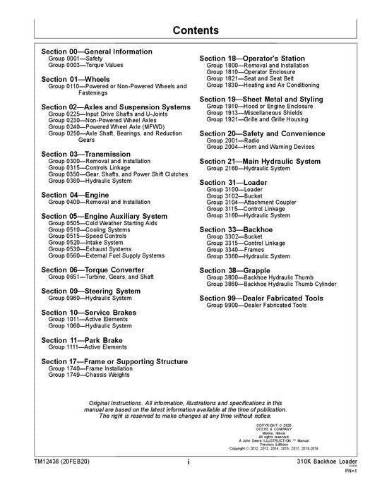 JONH DEERE 310K BACKHOE LOADER REPAIR SERVICE TECHNICAL MANUAL E219607- TM12436