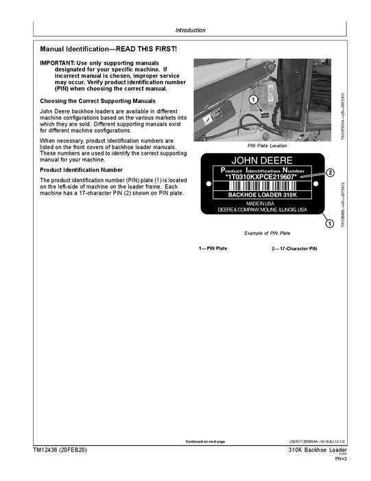 JONH DEERE 310K BACKHOE LOADER REPAIR SERVICE TECHNICAL MANUAL E219607- TM12436