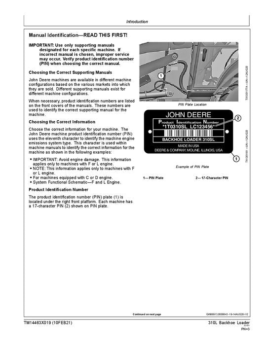 JONH DEERE 310L BAGGERLADER REPARATUR-SERVICEHANDBUCH Nr. 2