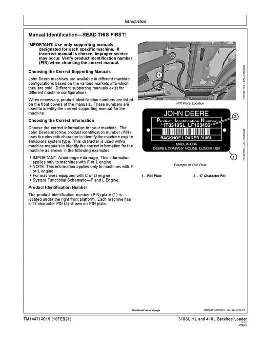 JONH DEERE 310SL HL 410L BAGGERLADER REPARATUR-SERVICEHANDBUCH SER F390996-