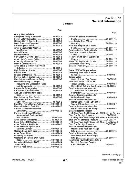 JONH DEERE 315SL BACKHOE LOADER REPAIR SERVICE MANUAL MC000001- MD000001-