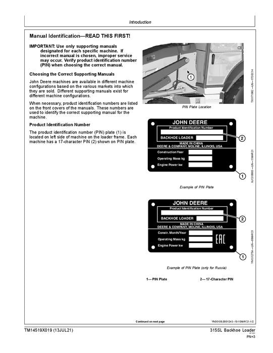 JONH DEERE 315SL BACKHOE LOADER REPAIR SERVICE MANUAL MC000001- MD000001-