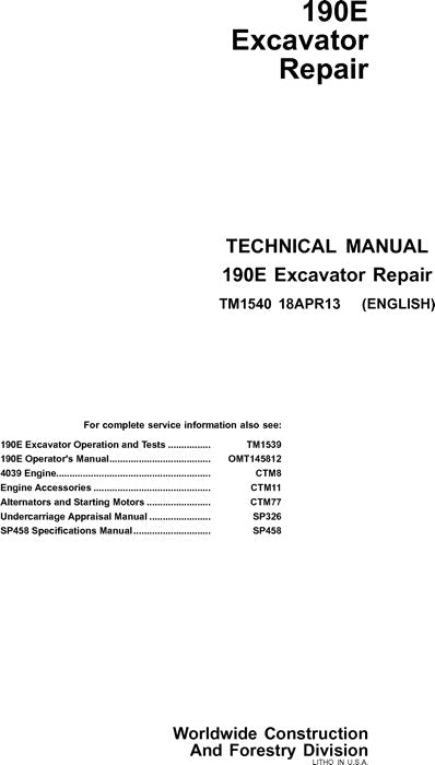 JOHN DEERE 190E EXCAVATOR REPAIR SERVICE MANUAL