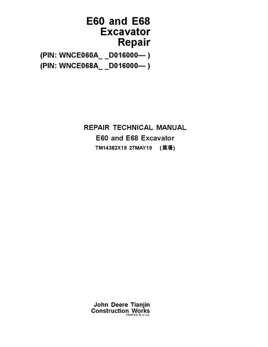 JOHN DEERE E60 E68 EXCAVATOR REPAIR SERVICE MANUAL