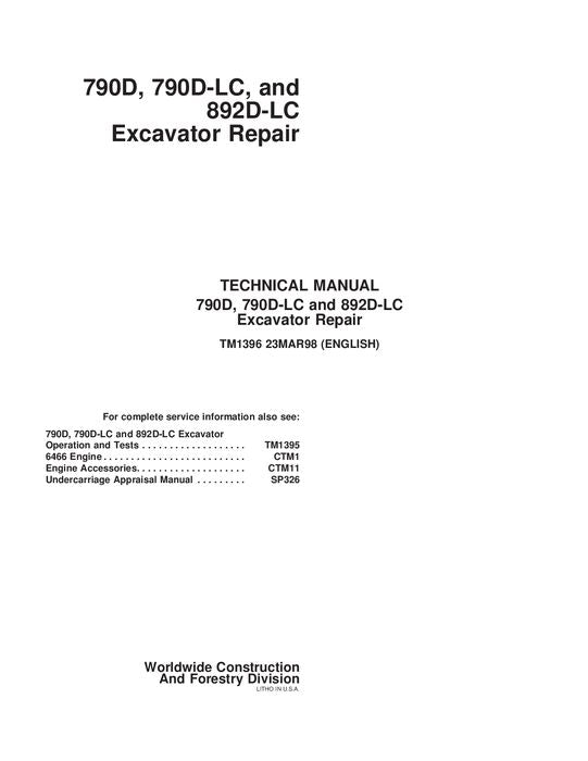 JOHN DEERE 790D 790DLC 892DLC EXCAVATOR REPAIR SERVICE MANUAL