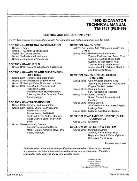 JOHN DEERE 495D EXCAVATOR REPAIR SERVICE TECHNICAL MANUAL TM1457