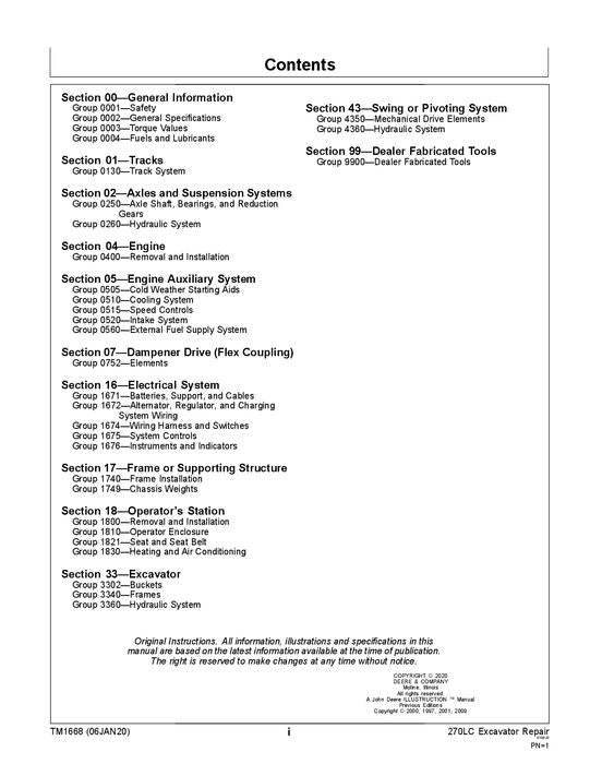 John Deere 270LC excavator REPAIR SERVICE TECHNICAL MANUAL TM1668