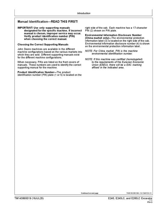 JOHN DEERE E240-II E260-II EXCAVATOR REPAIR SERVICE MANUAL