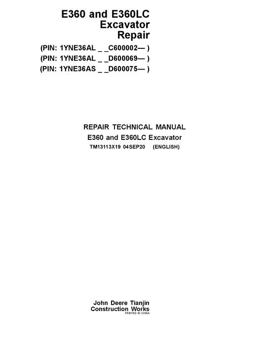 JOHN DEERE E360LC E360 EXCAVATOR REPAIR SERVICE TECHNICAL MANUAL TM13113X19